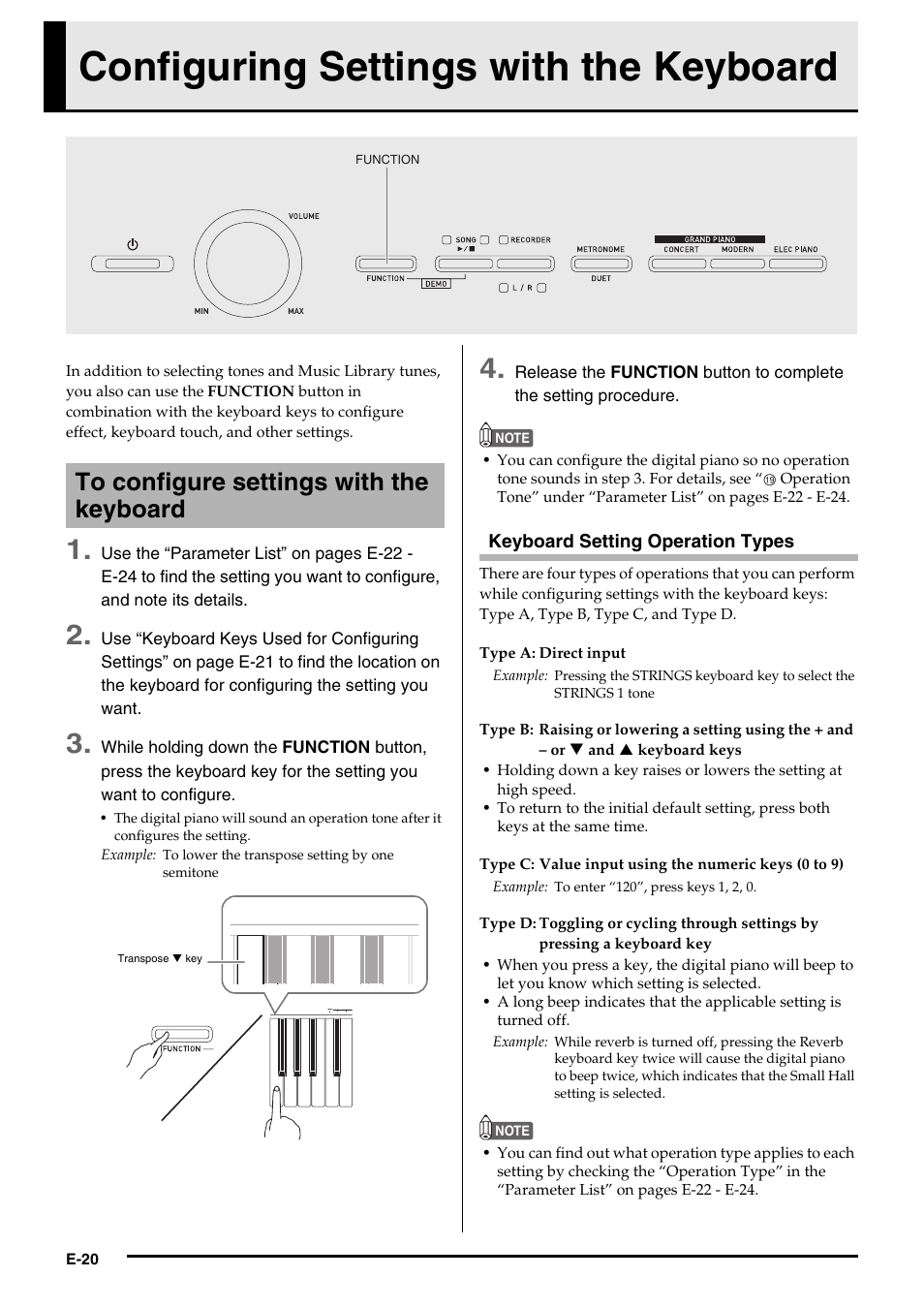 Configuring settings with the keyboard | Casio PX-750 User Manual | Page 22 / 42