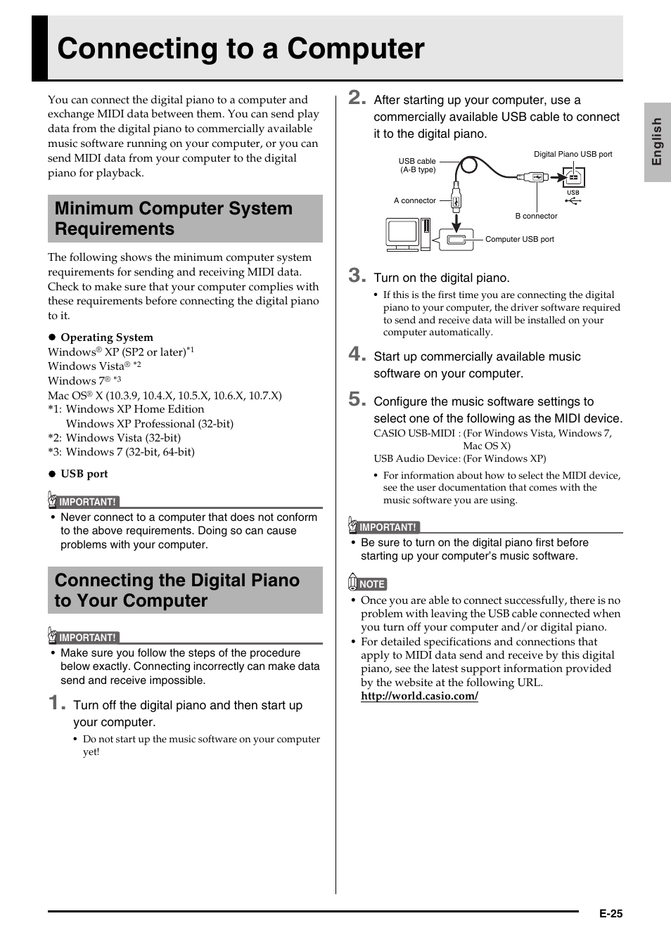 Connecting to a computer, Minimum computer system requirements, Connecting the digital piano to your computer | Casio PX-750 User Manual | Page 27 / 42