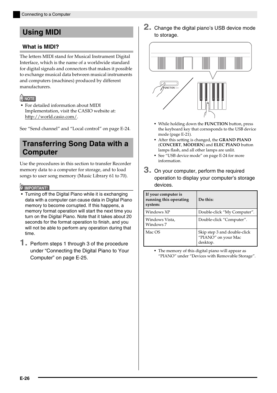 Using midi transferring song data with a computer | Casio PX-750 User Manual | Page 28 / 42
