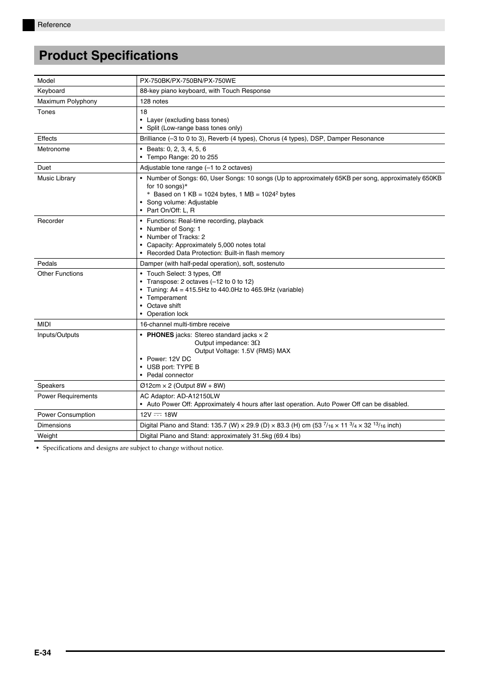 Product specifications | Casio PX-750 User Manual | Page 36 / 42