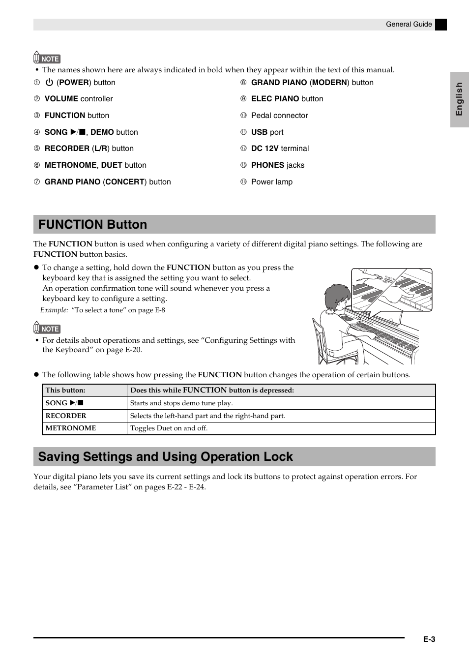 Function button, Saving settings and using operation lock | Casio PX-750 User Manual | Page 5 / 42