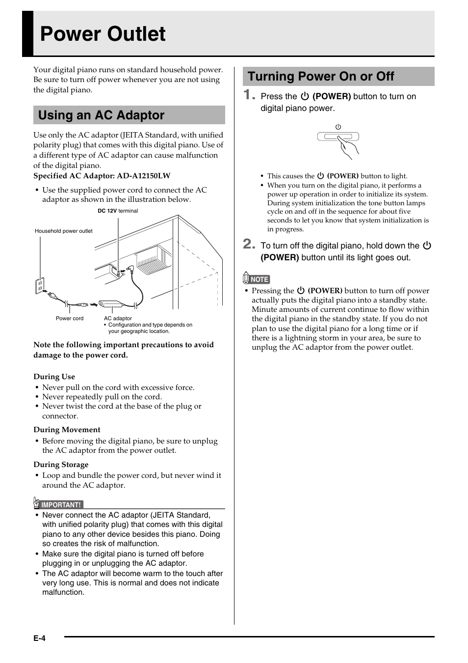Power outlet, Using an ac adaptor, Turning power on or off | Casio PX-750 User Manual | Page 6 / 42