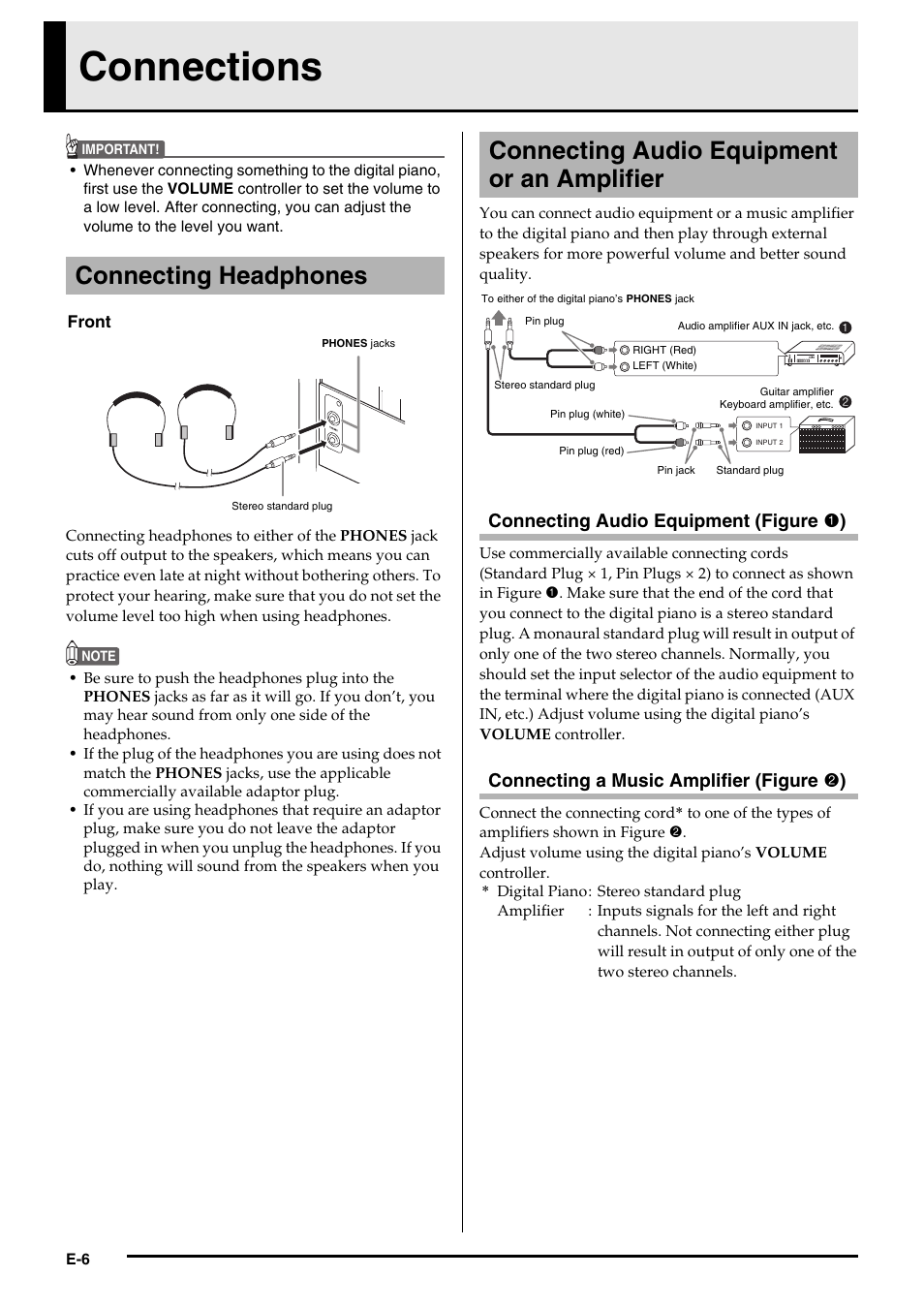 Connections, Connecting headphones, Connecting audio equipment or an amplifier | Connecting audio equipment (figure 1 ), Connecting a music amplifier (figure 2 ) | Casio PX-750 User Manual | Page 8 / 42