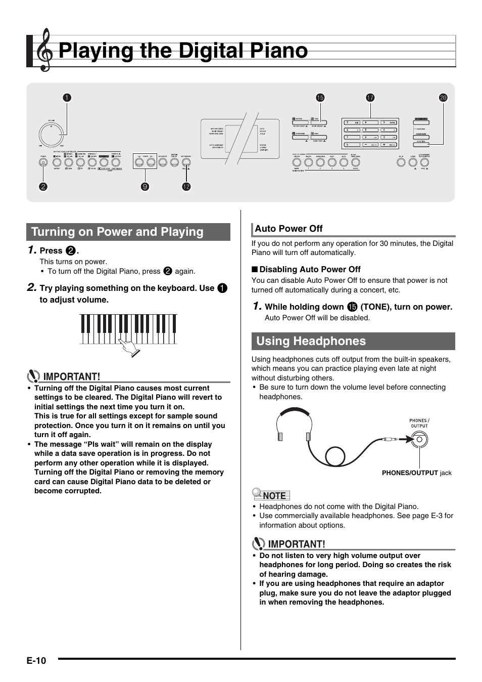 Playing the digital piano.......... e-10, E-10, E-10) | Playing the digital piano, Turning on power and playing, Using headphones | Casio CDP-220R User Manual | Page 12 / 80
