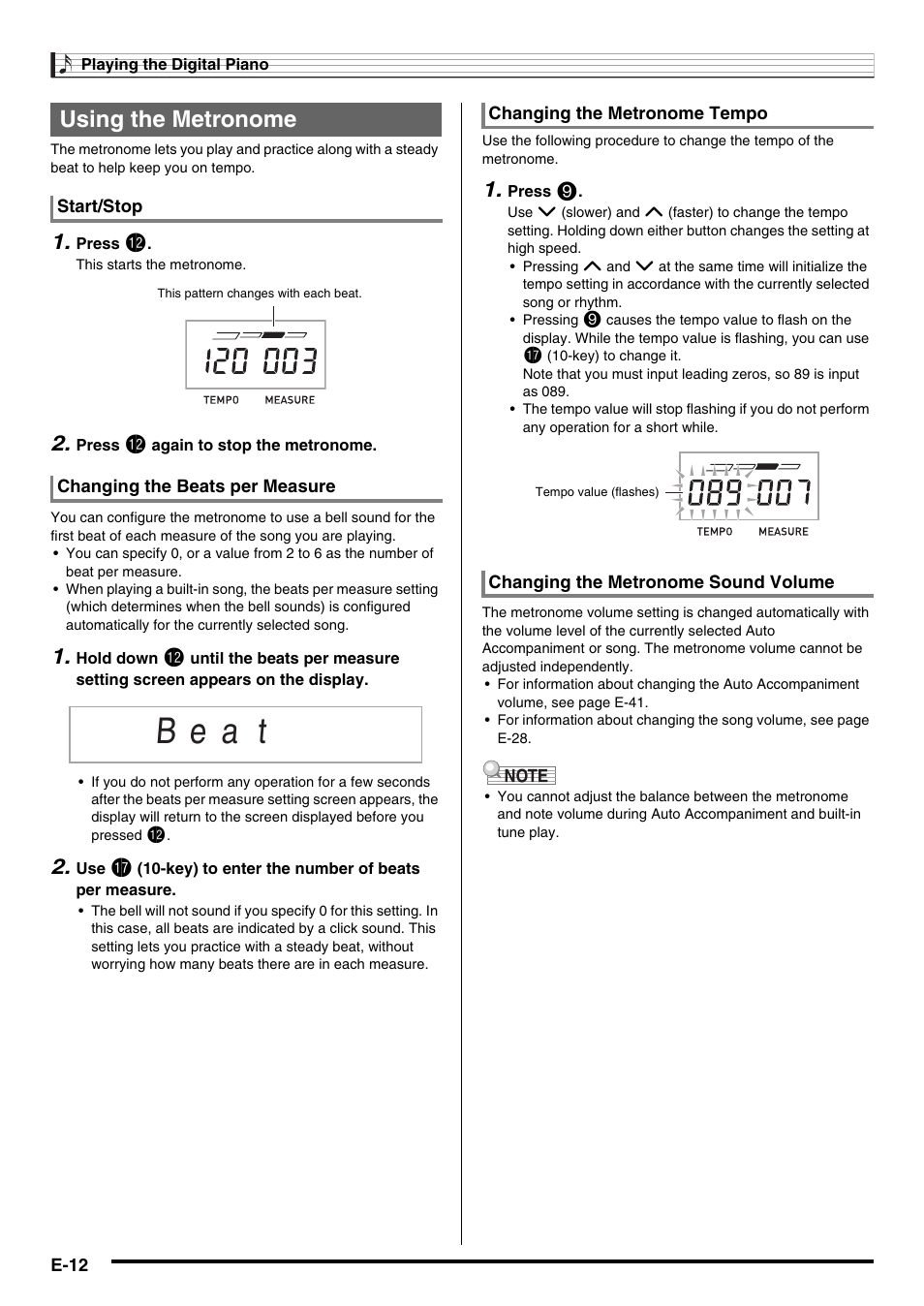 E-12, B e a t, Using the metronome | Casio CDP-220R User Manual | Page 14 / 80