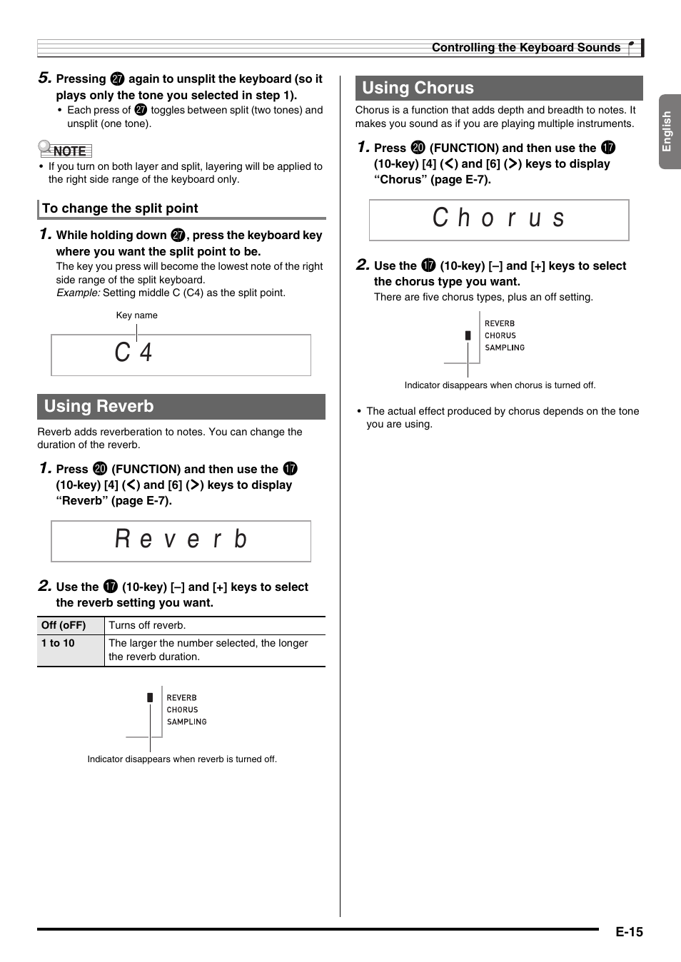 E-15, Using reverb, Using chorus | Casio CDP-220R User Manual | Page 17 / 80