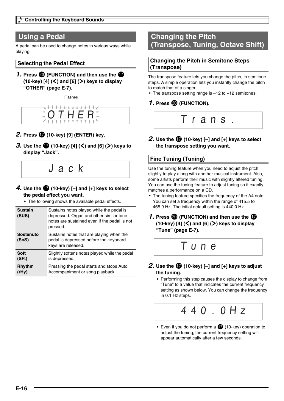 E-16, J a c k, Using a pedal | Casio CDP-220R User Manual | Page 18 / 80