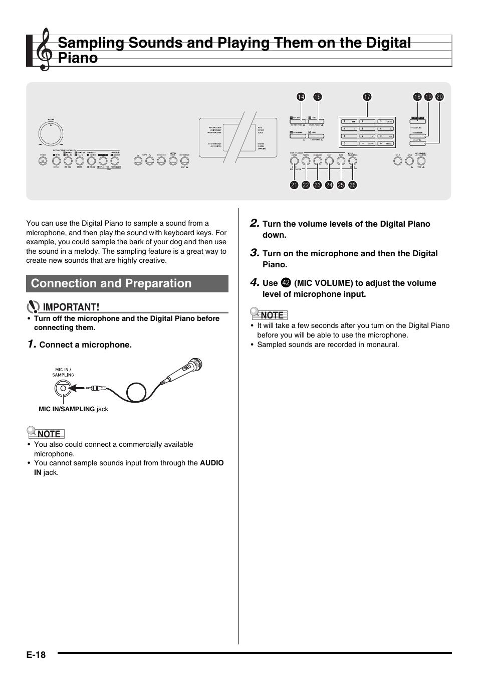 E-18, Connection and preparation | Casio CDP-220R User Manual | Page 20 / 80