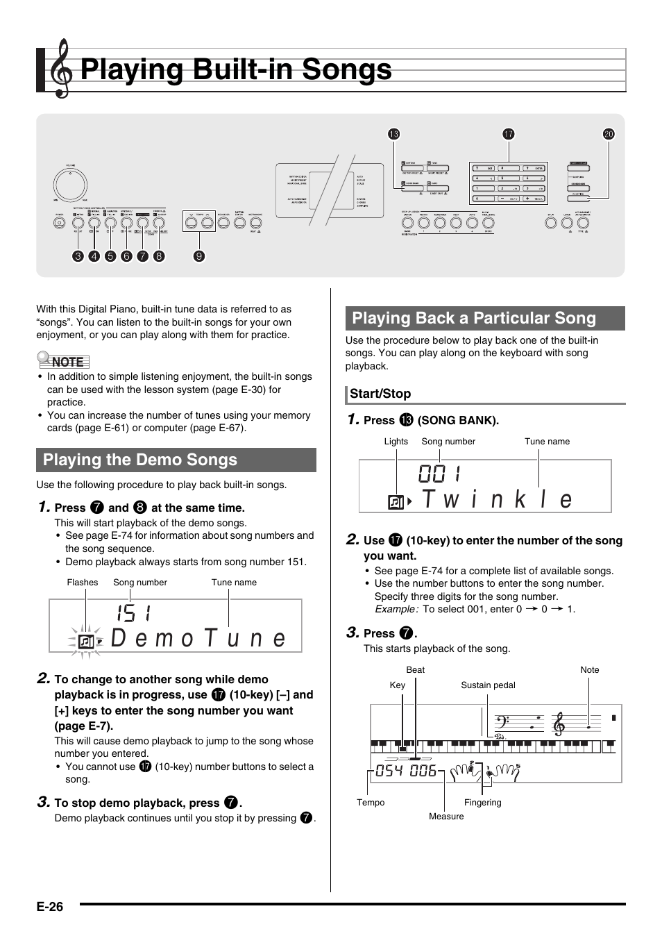 Playing built-in songs.............. e-26, E-26, Playing built-in songs | Playing the demo songs, Playing back a particular song | Casio CDP-220R User Manual | Page 28 / 80