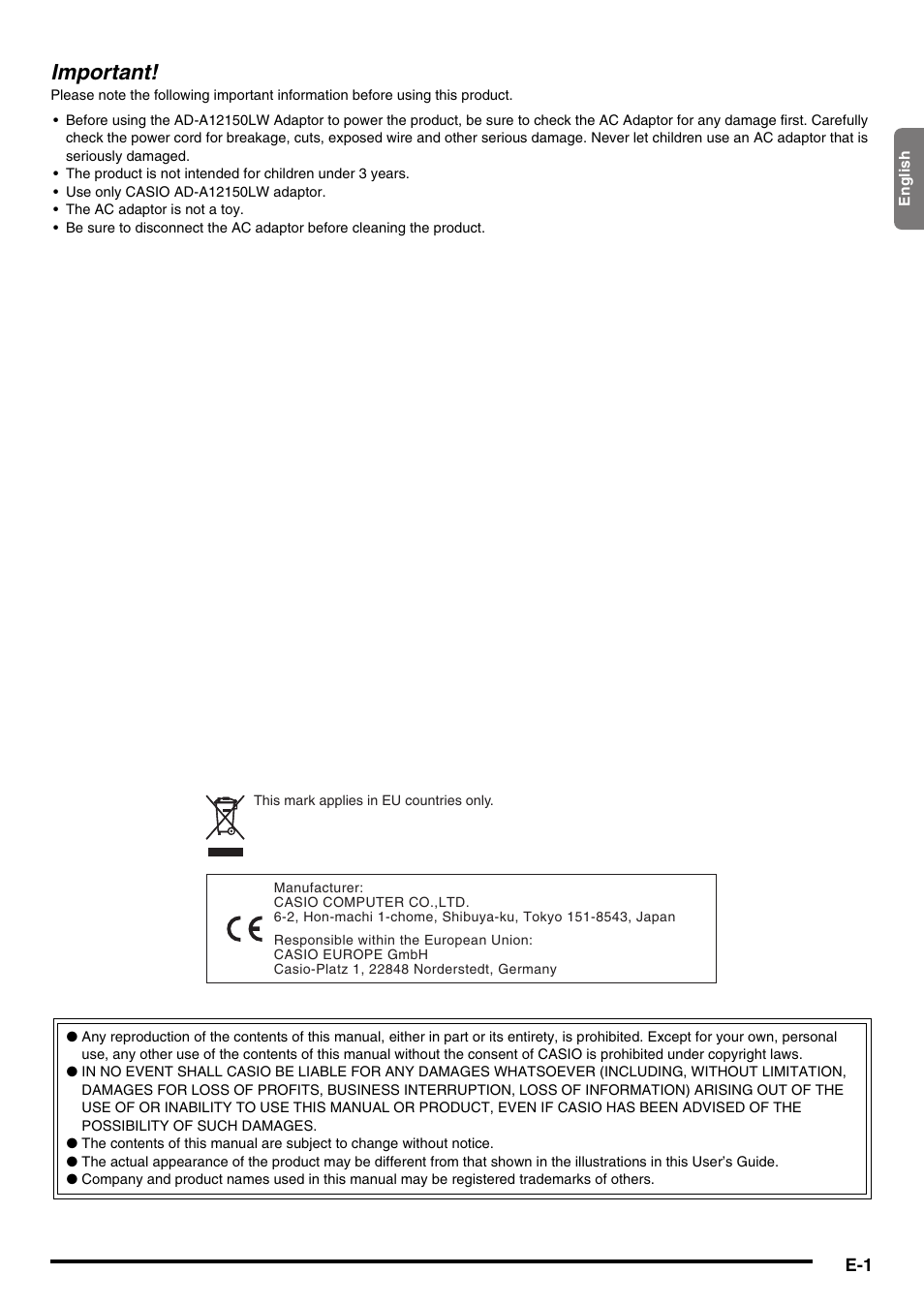 Important | Casio CDP-220R User Manual | Page 3 / 80