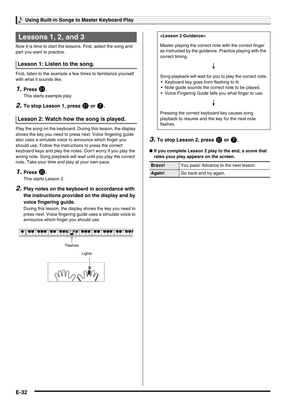 E-32, Lessons 1, 2, and 3 | Casio CDP-220R User Manual | Page 34 / 80