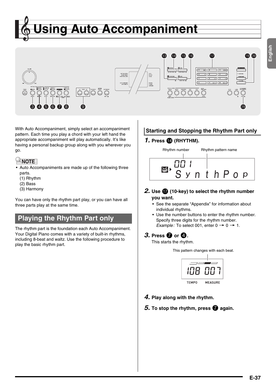 Using auto accompaniment.... e-37, E-37, Using auto accompaniment | Casio CDP-220R User Manual | Page 39 / 80