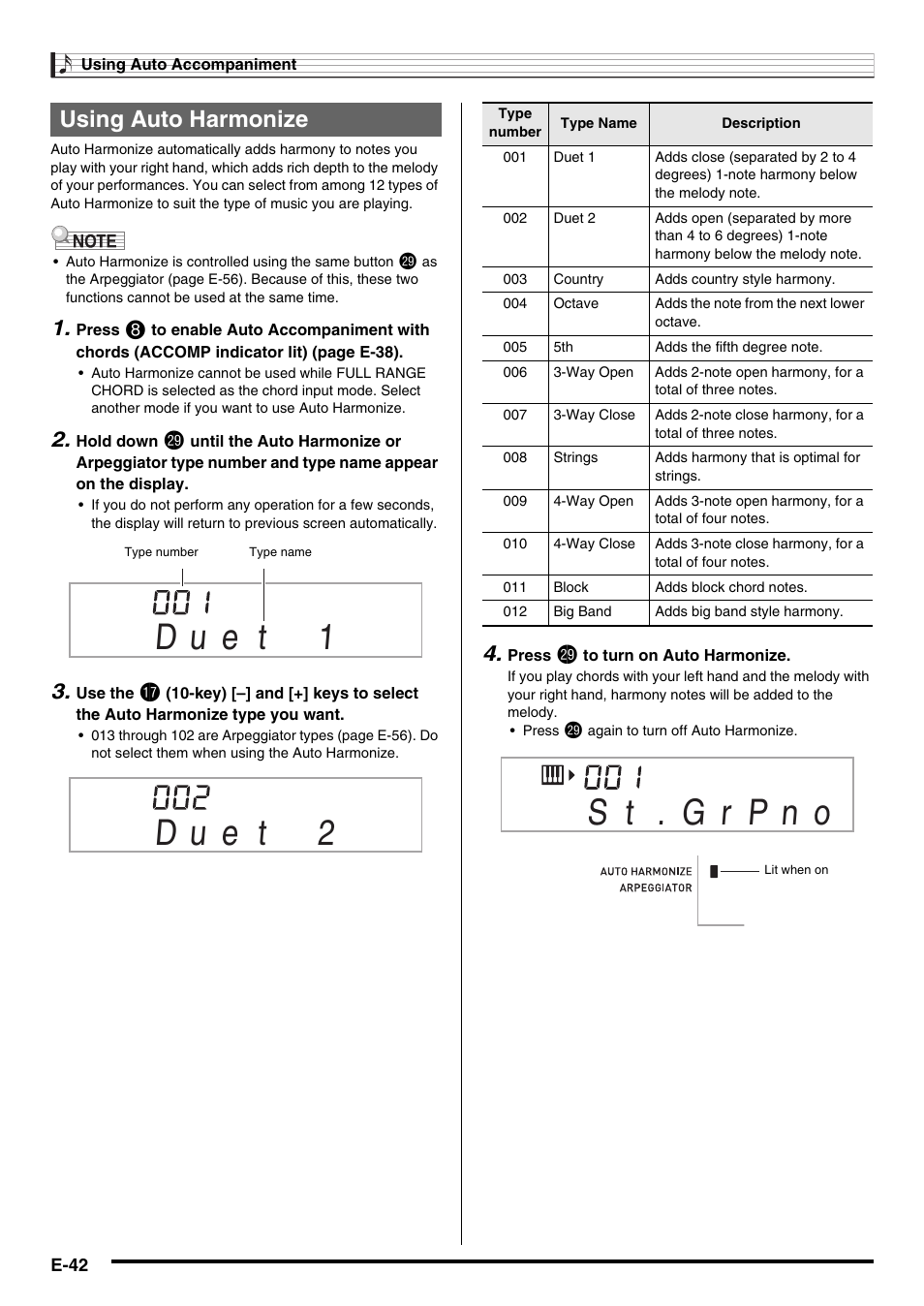 E-42, Using auto harmonize | Casio CDP-220R User Manual | Page 44 / 80