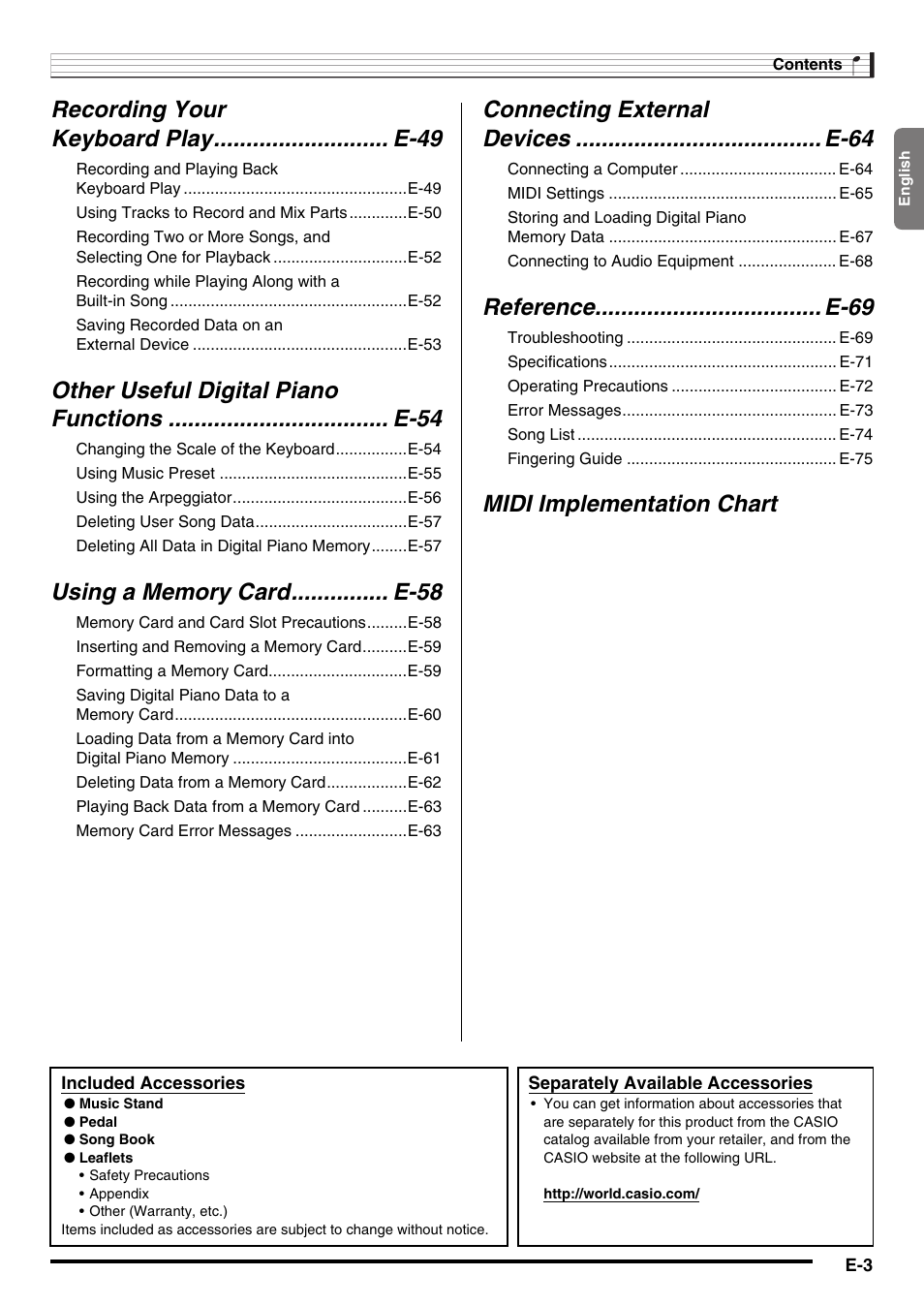 Reference................................... e-69, Midi implementation chart | Casio CDP-220R User Manual | Page 5 / 80