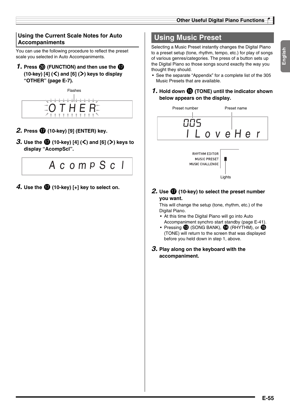 E-55, S c l, Using music preset | Casio CDP-220R User Manual | Page 57 / 80