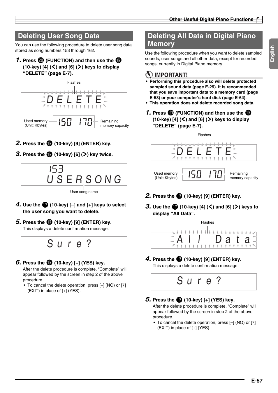 E-57, S u r e, Deleting user song data | Casio CDP-220R User Manual | Page 59 / 80