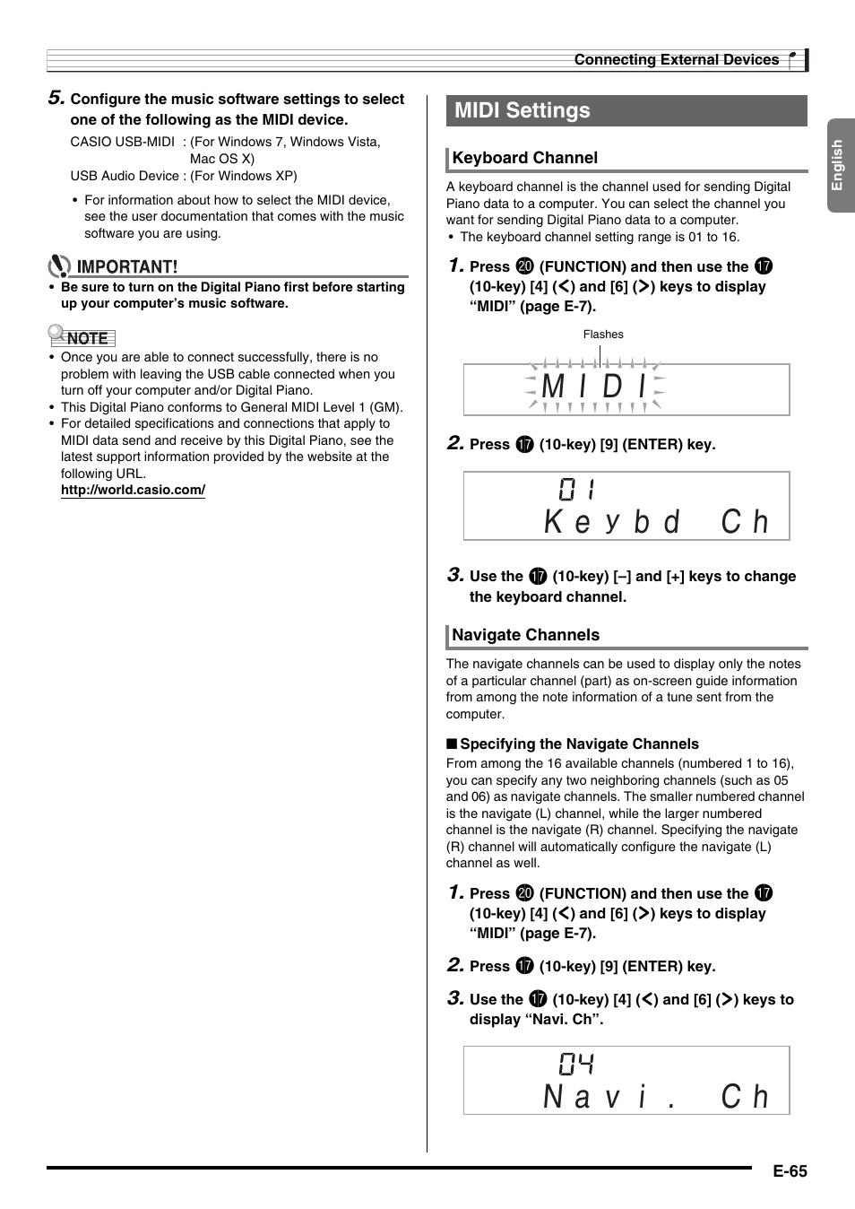 E-65, M i d i, Midi settings | Casio CDP-220R User Manual | Page 67 / 80