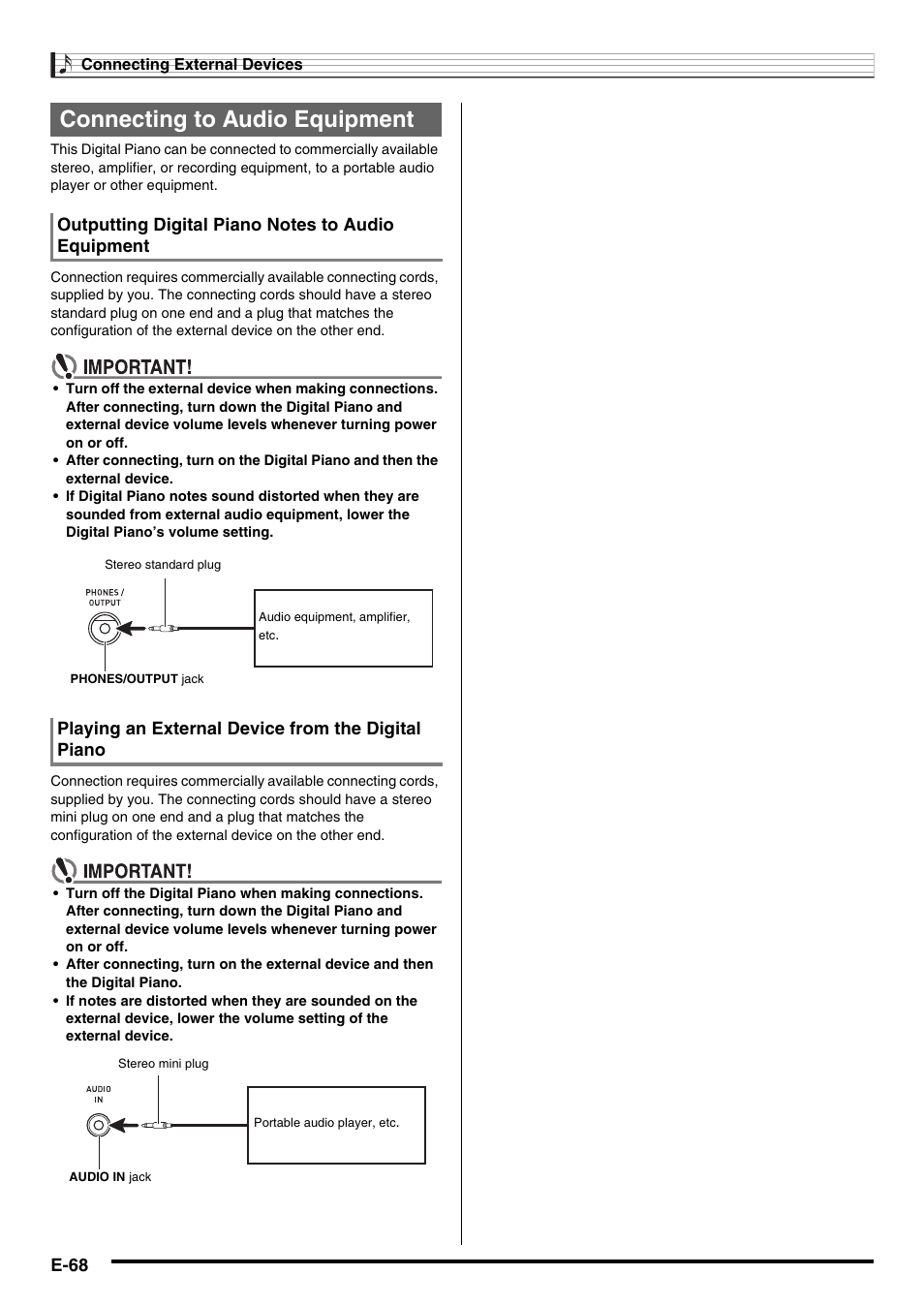 E-68, Connecting to audio equipment | Casio CDP-220R User Manual | Page 70 / 80