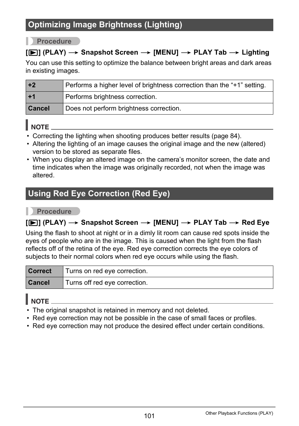 Optimizing image brightness (lighting), Using red eye correction (red eye) | Casio EX-Z280 User Manual | Page 101 / 194