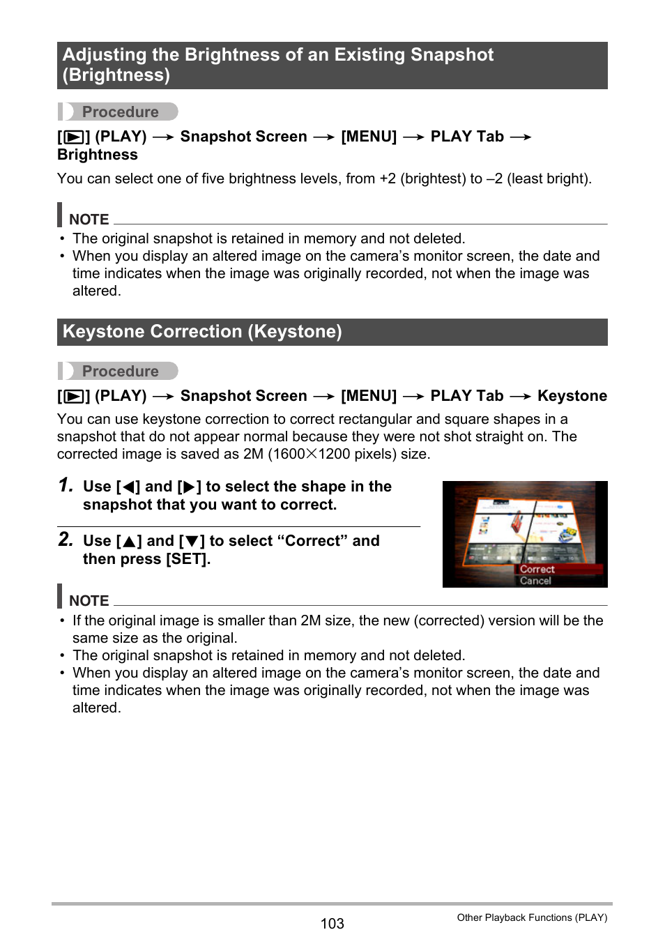 Keystone correction (keystone) | Casio EX-Z280 User Manual | Page 103 / 194