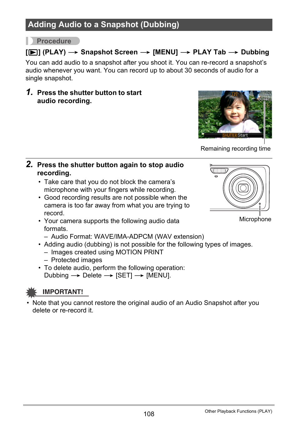 Adding audio to a snapshot (dubbing) | Casio EX-Z280 User Manual | Page 108 / 194