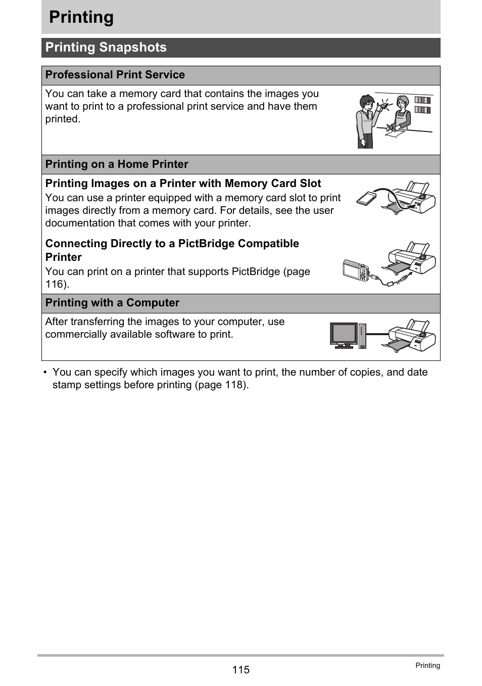 Printing, Printing snapshots | Casio EX-Z280 User Manual | Page 115 / 194