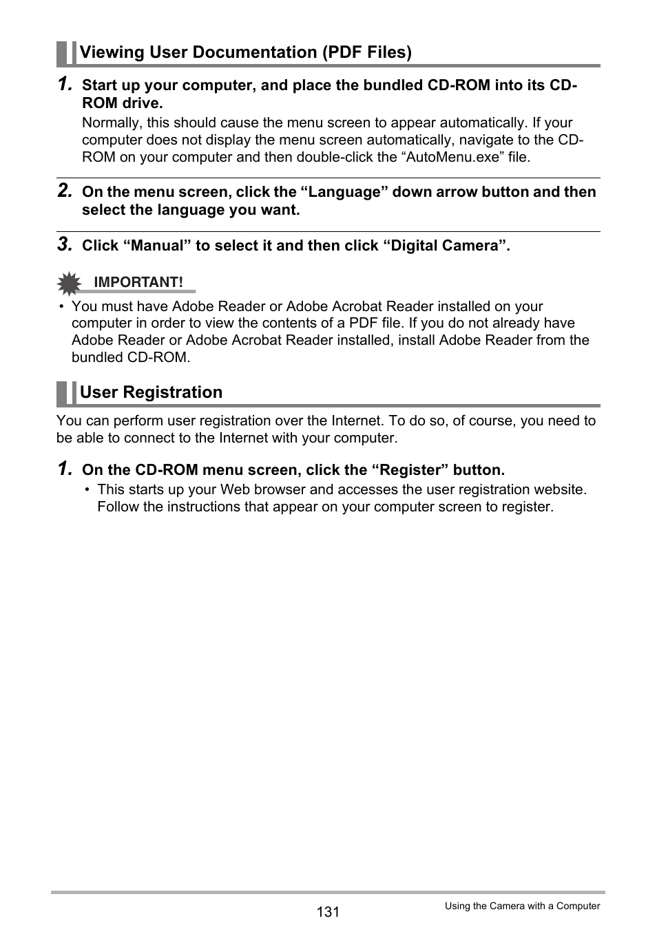 Viewing user documentation (pdf files), User registration | Casio EX-Z280 User Manual | Page 131 / 194