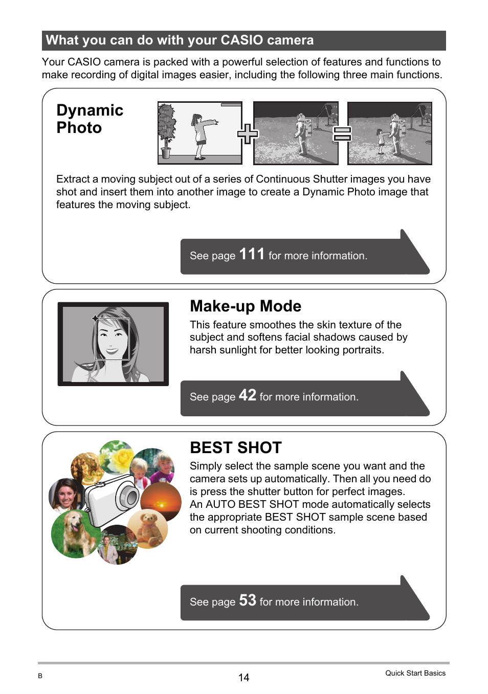 What you can do with your casio camera, Best shot, Make-up mode | Dynamic photo | Casio EX-Z280 User Manual | Page 14 / 194