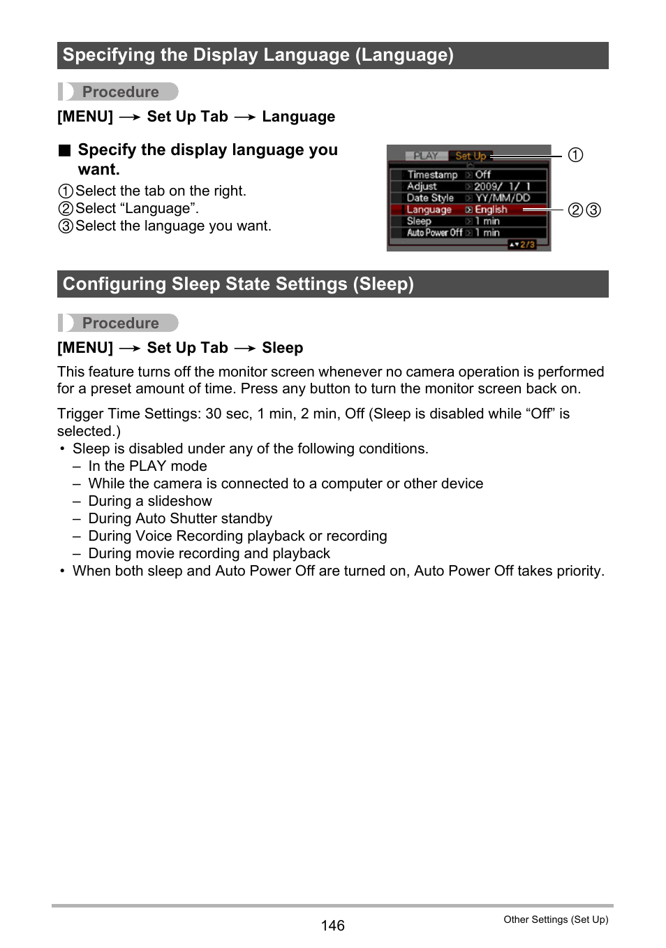 Specifying the display language (language), Configuring sleep state settings (sleep), E 146). n | Ge 146) | Casio EX-Z280 User Manual | Page 146 / 194