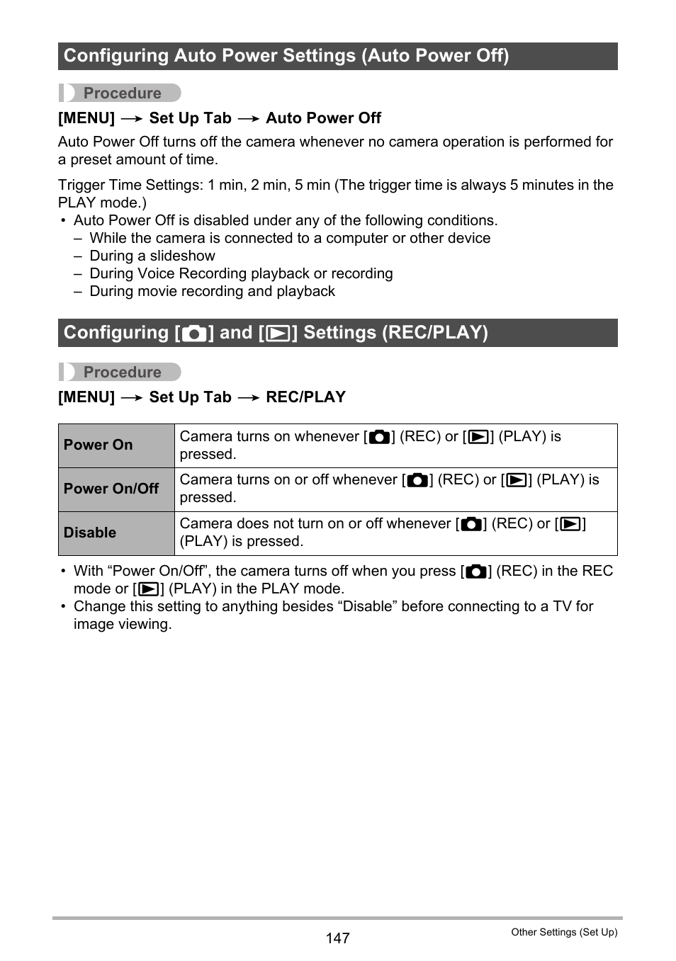 Configuring auto power settings (auto power off), Configuring [_] and [>] settings (rec/play) | Casio EX-Z280 User Manual | Page 147 / 194