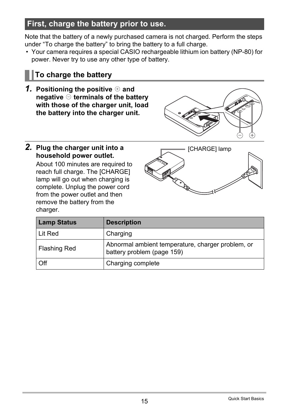 First, charge the battery prior to use, To charge the battery | Casio EX-Z280 User Manual | Page 15 / 194