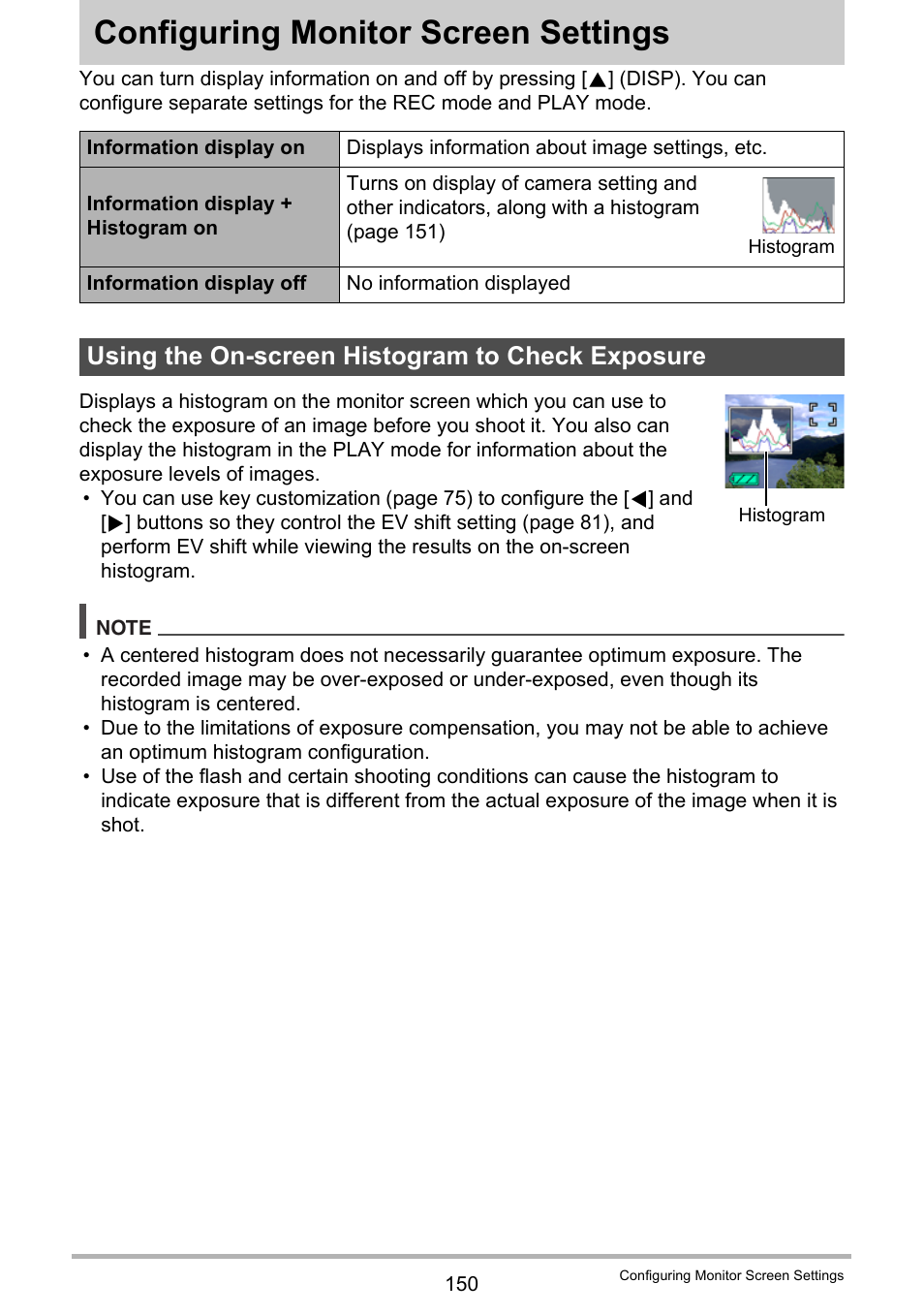 Configuring monitor screen settings, Using the on-screen histogram to check exposure, Ge 150) | Casio EX-Z280 User Manual | Page 150 / 194