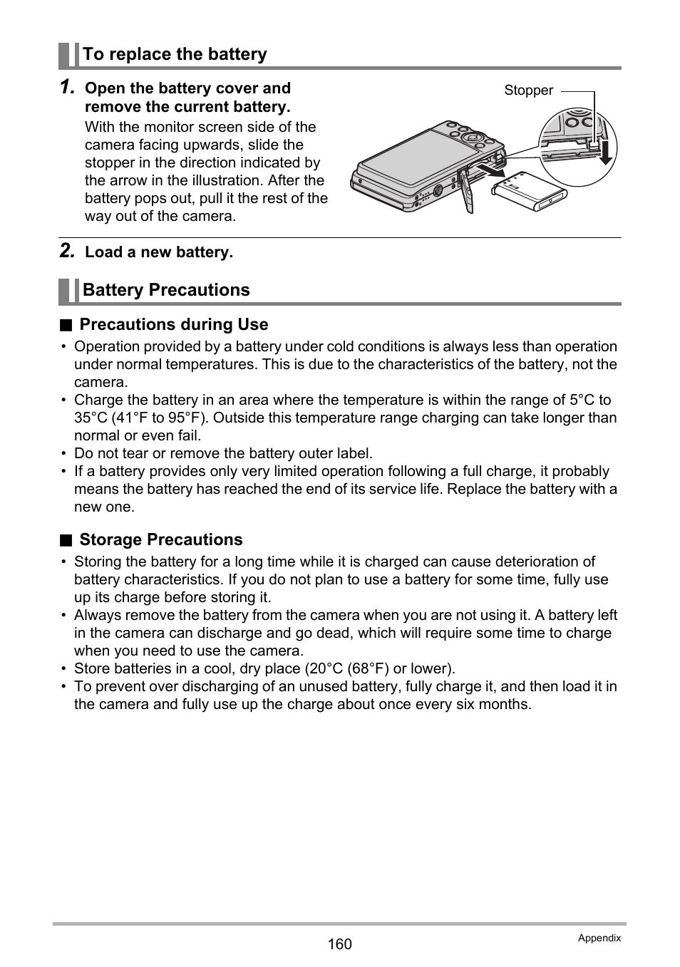 To replace the battery, Battery precautions, E 160 | Casio EX-Z280 User Manual | Page 160 / 194