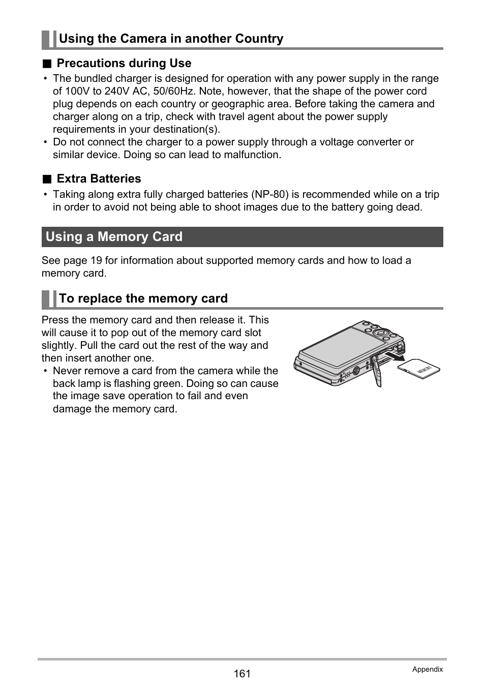 Using the camera in another country, Using a memory card, To replace the memory card | Casio EX-Z280 User Manual | Page 161 / 194