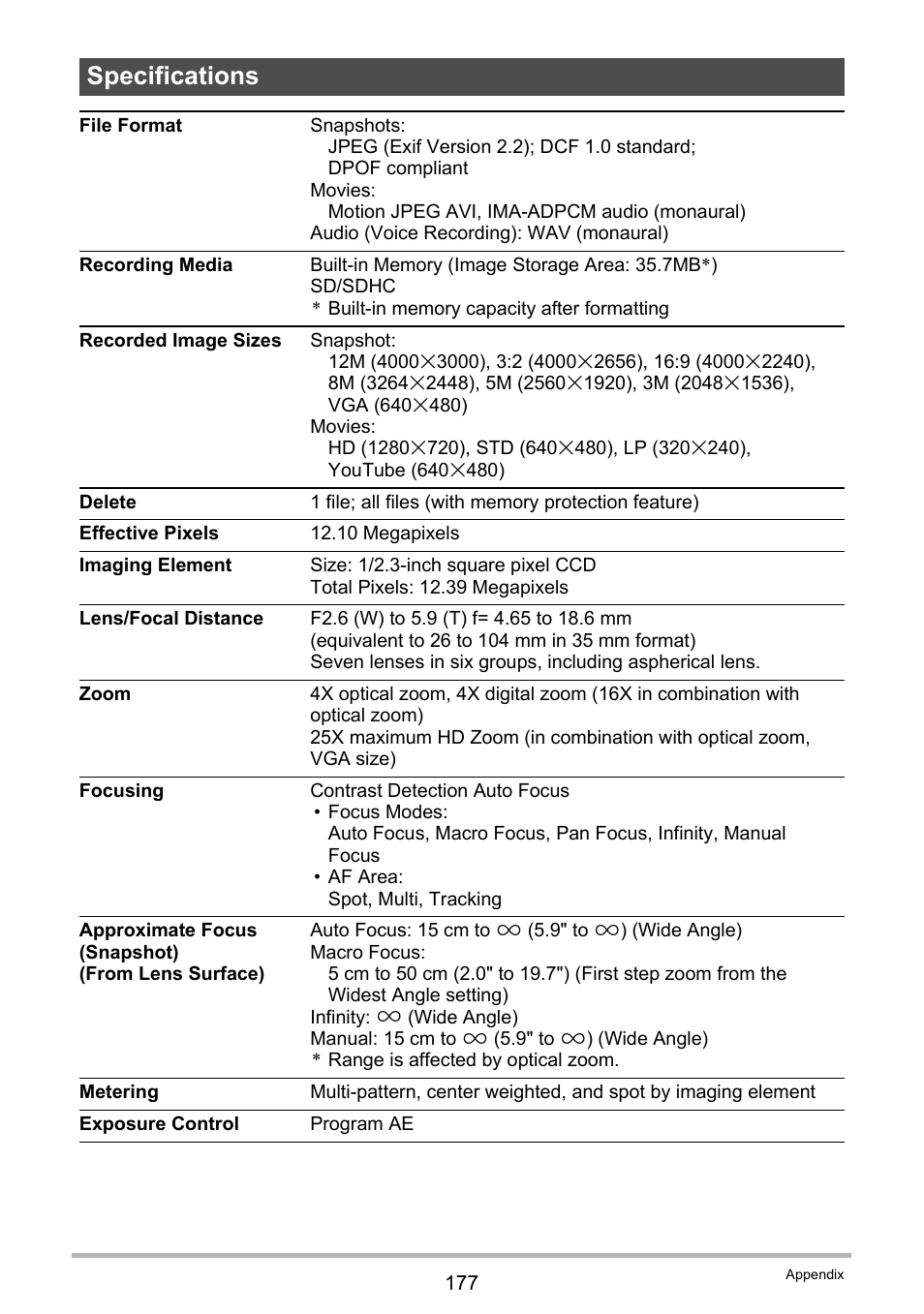 Specifications | Casio EX-Z280 User Manual | Page 177 / 194