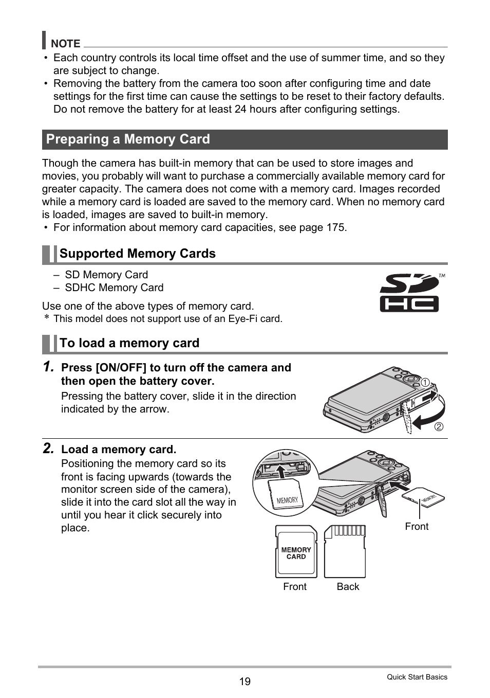 Preparing a memory card, Supported memory cards, To load a memory card | Casio EX-Z280 User Manual | Page 19 / 194