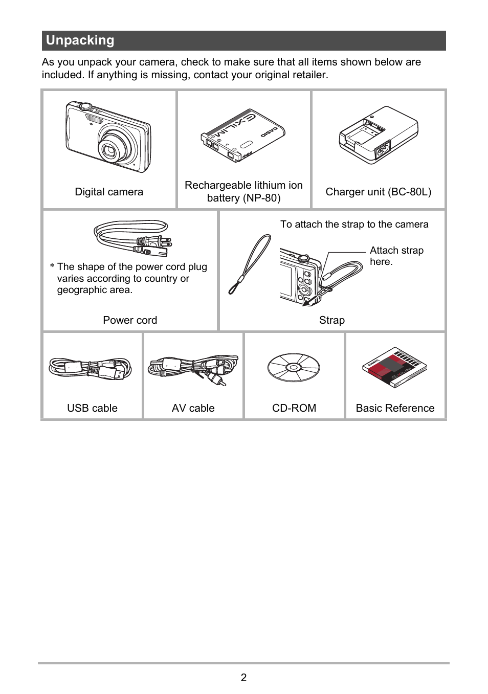 Unpacking | Casio EX-Z280 User Manual | Page 2 / 194