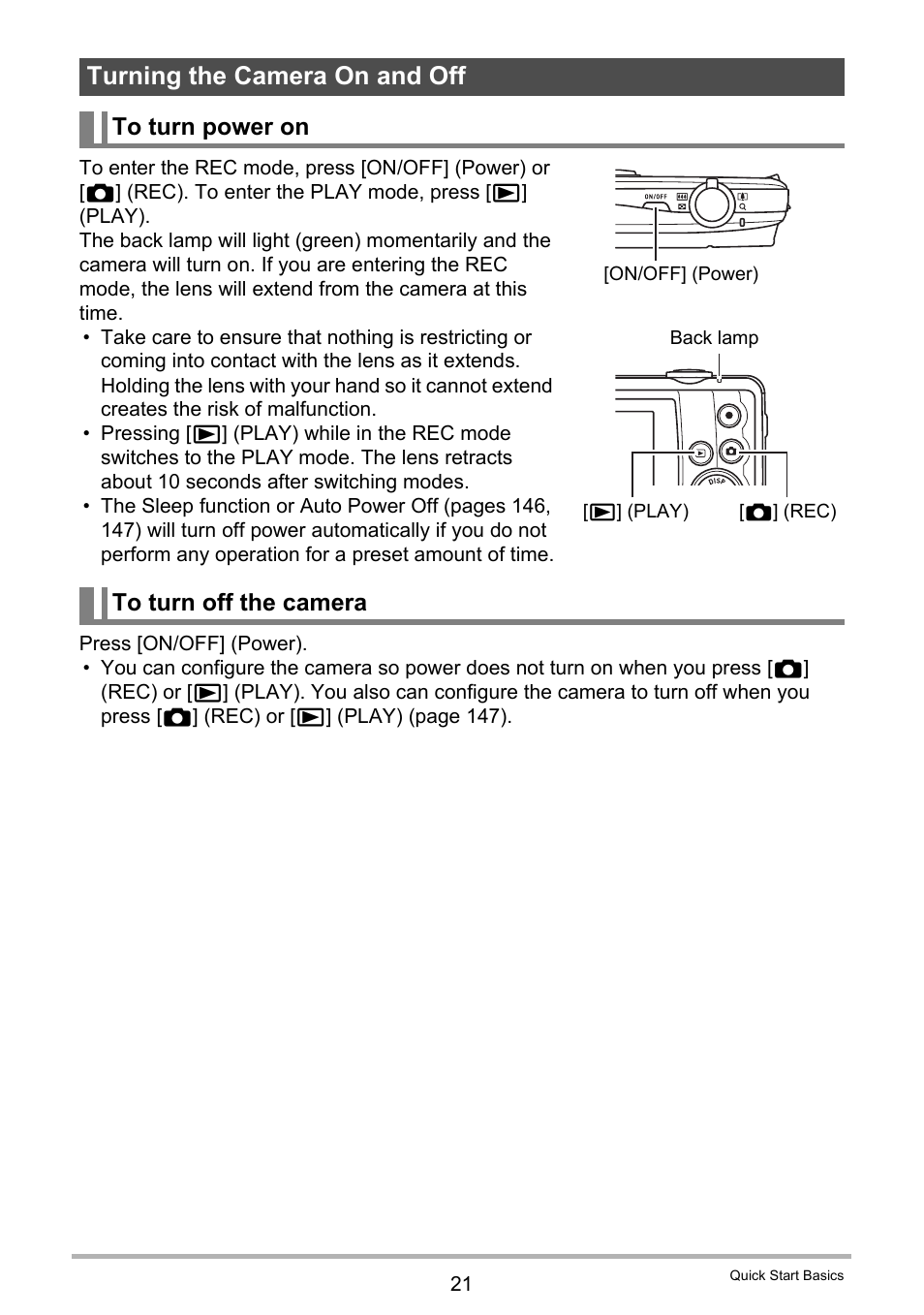 Turning the camera on and off, To turn power on, To turn off the camera | Casio EX-Z280 User Manual | Page 21 / 194