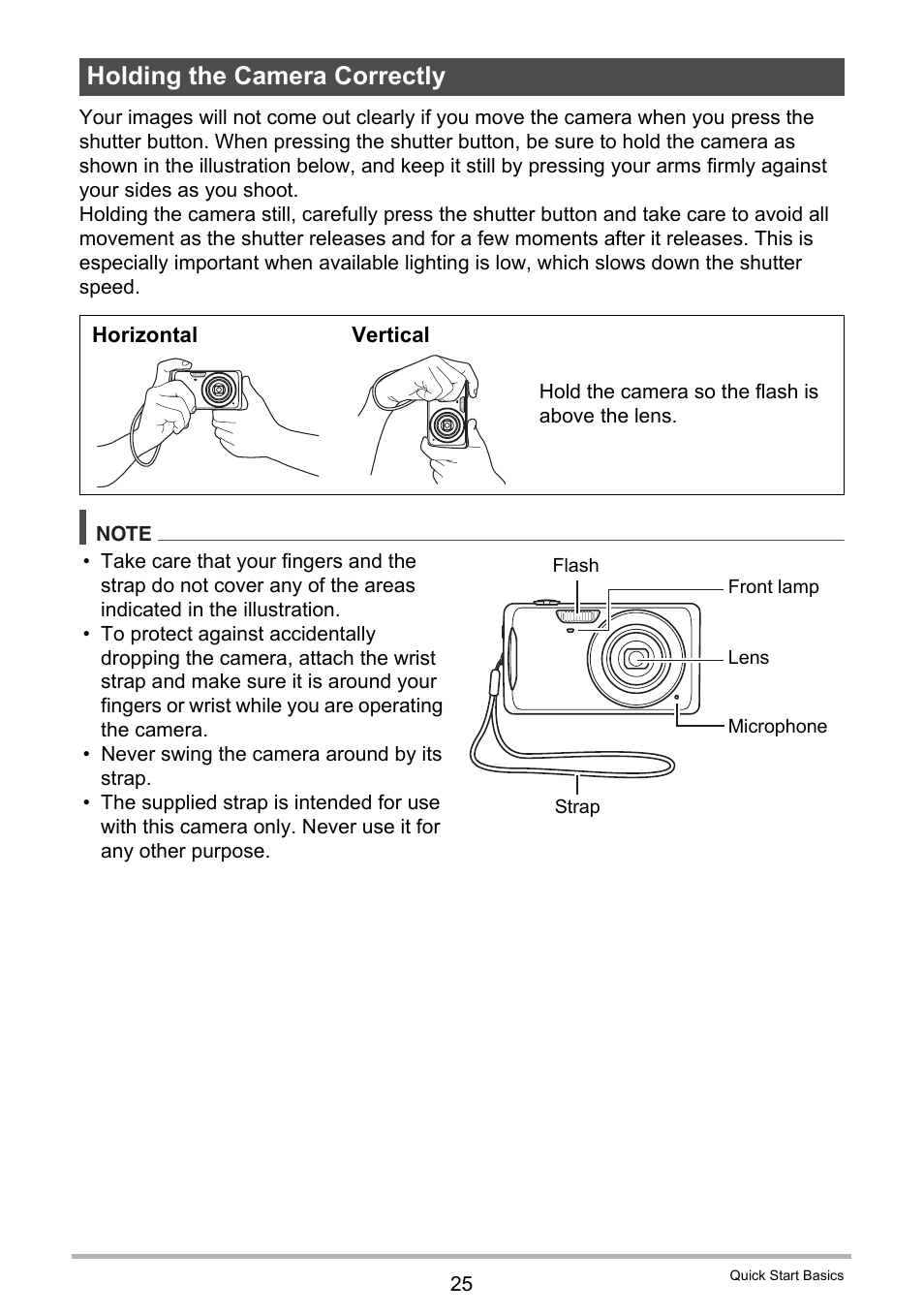 Holding the camera correctly | Casio EX-Z280 User Manual | Page 25 / 194