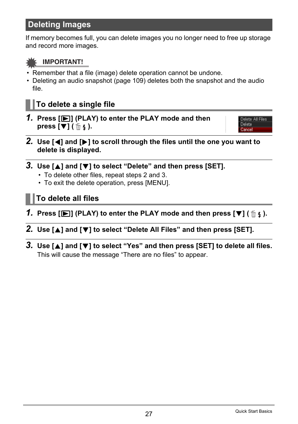 Deleting images, To delete a single file, To delete all files | Casio EX-Z280 User Manual | Page 27 / 194
