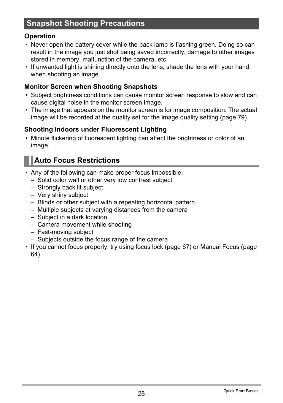 Snapshot shooting precautions, Auto focus restrictions | Casio EX-Z280 User Manual | Page 28 / 194