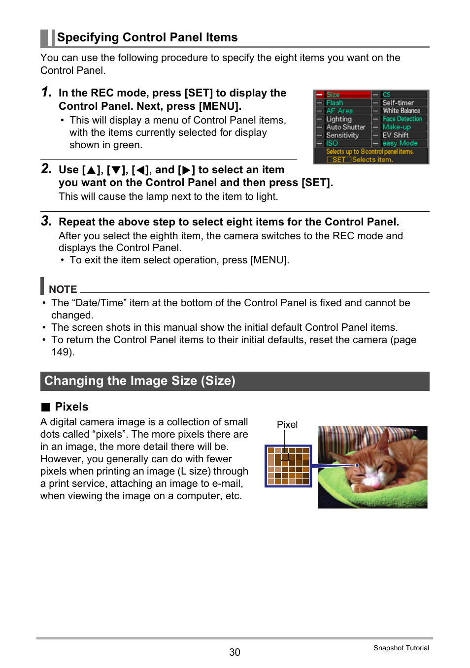 Specifying control panel items, Changing the image size (size) | Casio EX-Z280 User Manual | Page 30 / 194