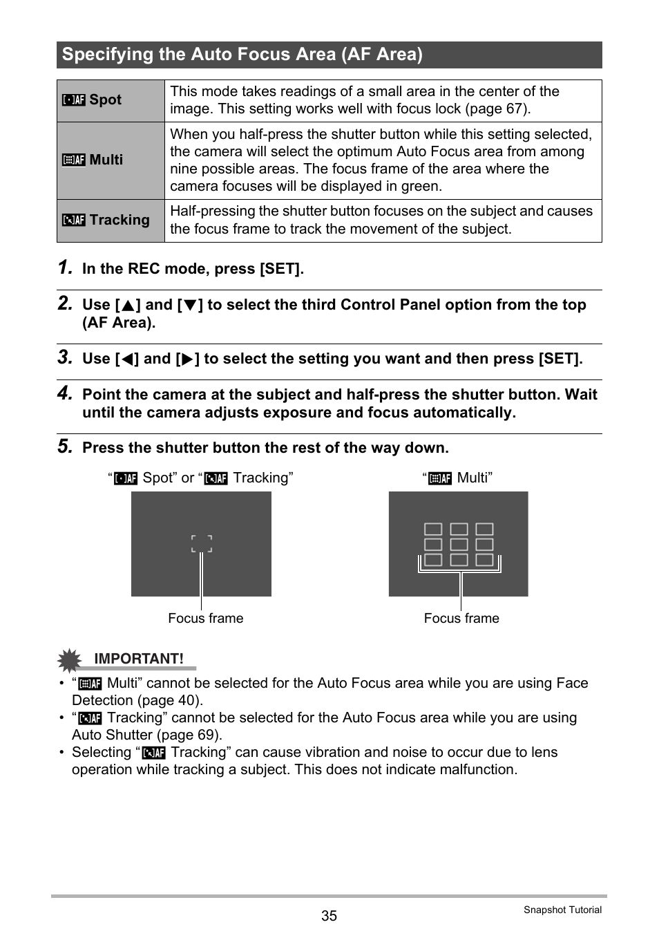 Specifying the auto focus area (af area) | Casio EX-Z280 User Manual | Page 35 / 194