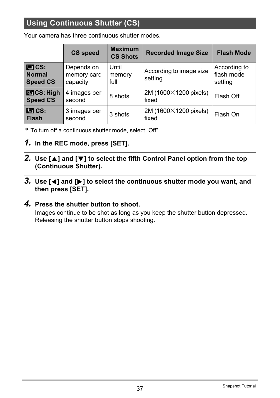 Using continuous shutter (cs) | Casio EX-Z280 User Manual | Page 37 / 194