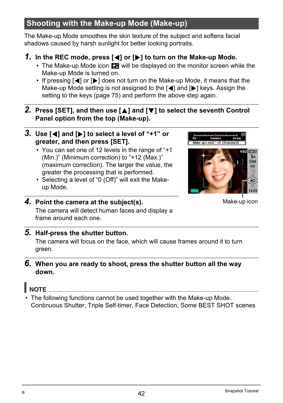 Shooting with the make-up mode (make-up) | Casio EX-Z280 User Manual | Page 42 / 194