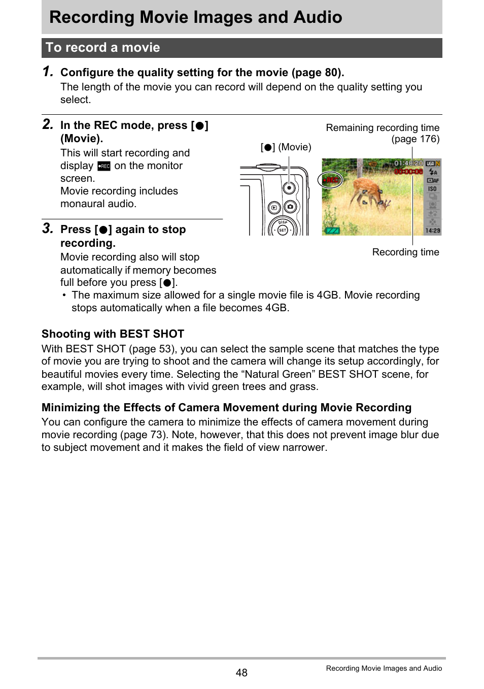 Recording movie images and audio, To record a movie | Casio EX-Z280 User Manual | Page 48 / 194