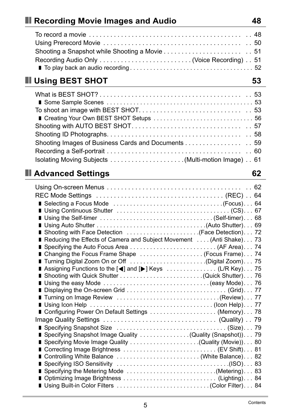 Recording movie images and audio 48, Using best shot 53, Advanced settings 62 | Casio EX-Z280 User Manual | Page 5 / 194
