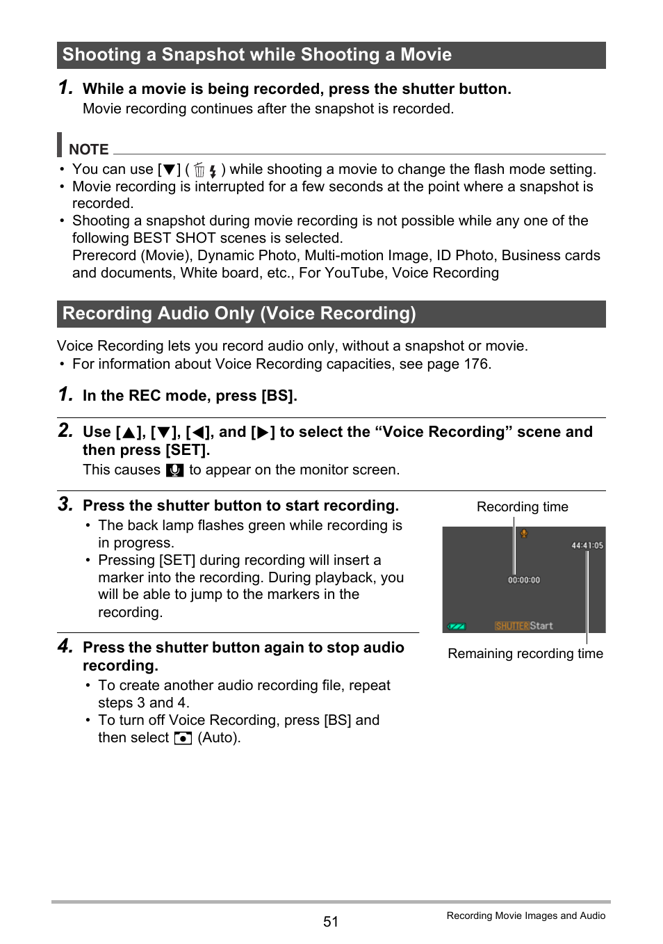 Shooting a snapshot while shooting a movie, Recording audio only (voice recording) | Casio EX-Z280 User Manual | Page 51 / 194