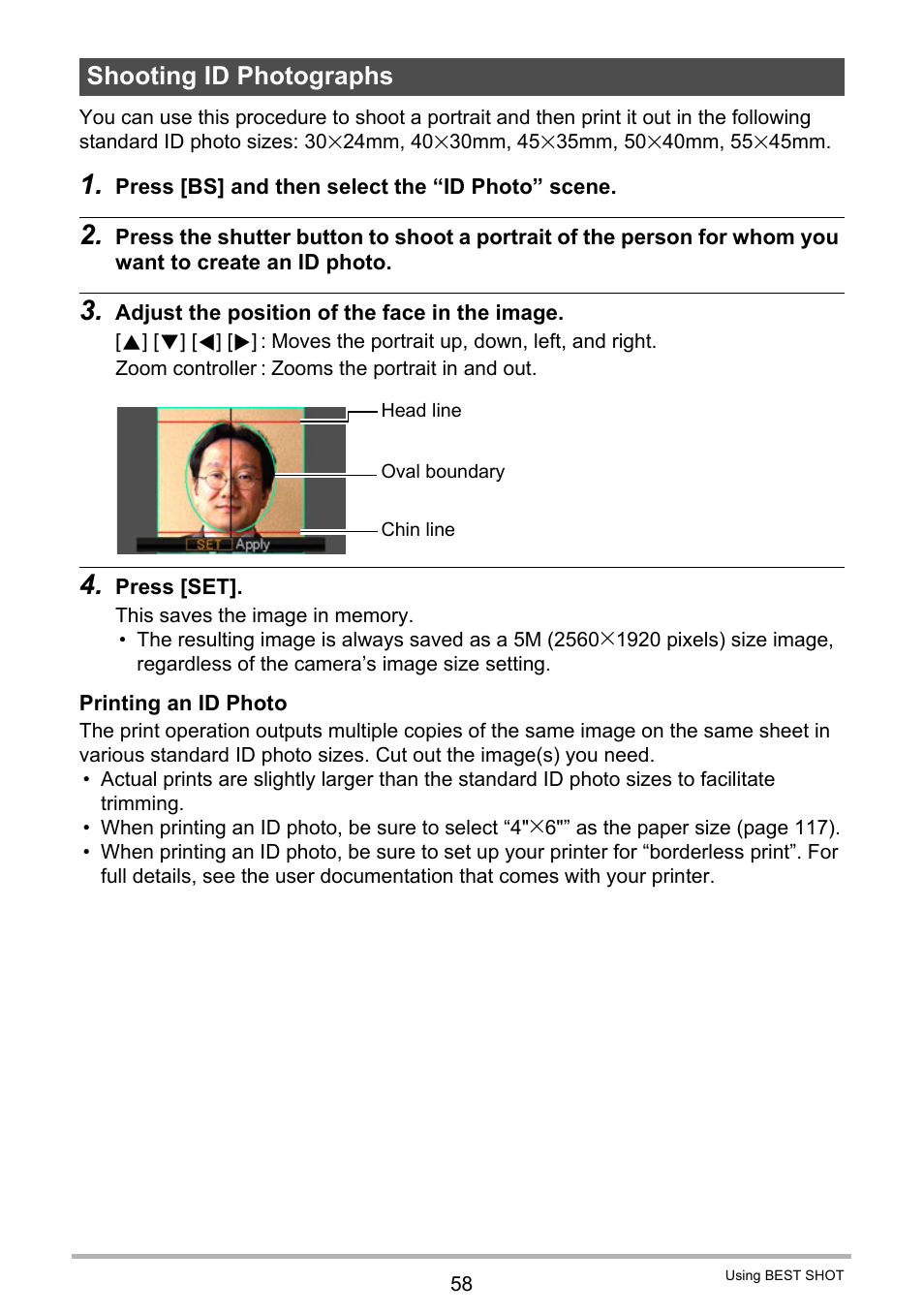 Shooting id photographs | Casio EX-Z280 User Manual | Page 58 / 194