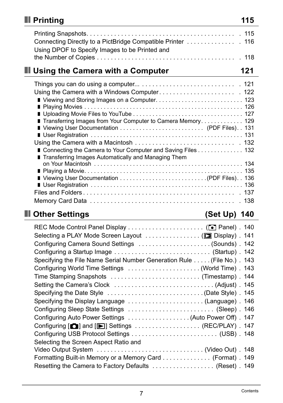 Printing 115, Using the camera with a computer 121, Other settings (set up) 140 | Casio EX-Z280 User Manual | Page 7 / 194